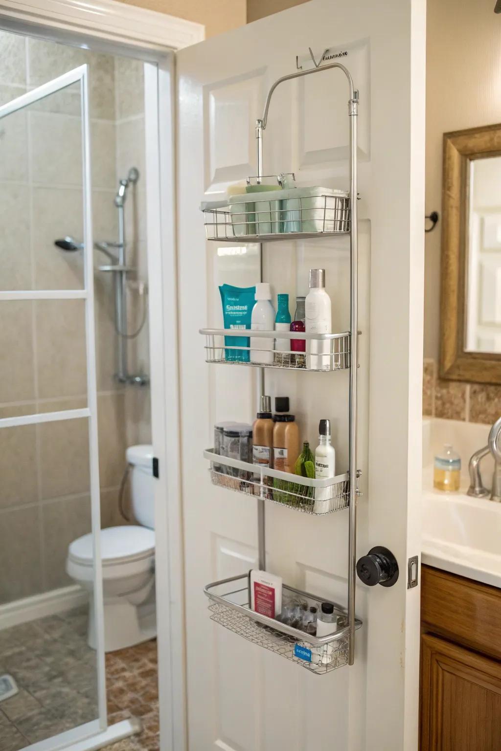 Make the most of your door area with a hanging shower organizer.