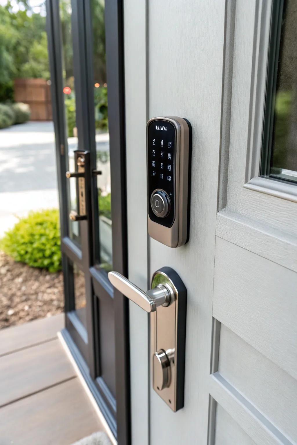 An intelligent lock complements a modern front door with its sleek design and keyless access features.