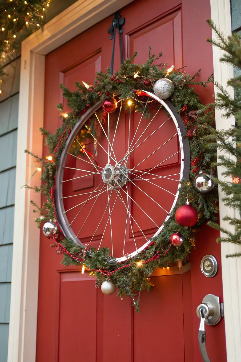 A holiday-themed bicycle wheel wreath with lights and ornaments, perfect for the festive season.