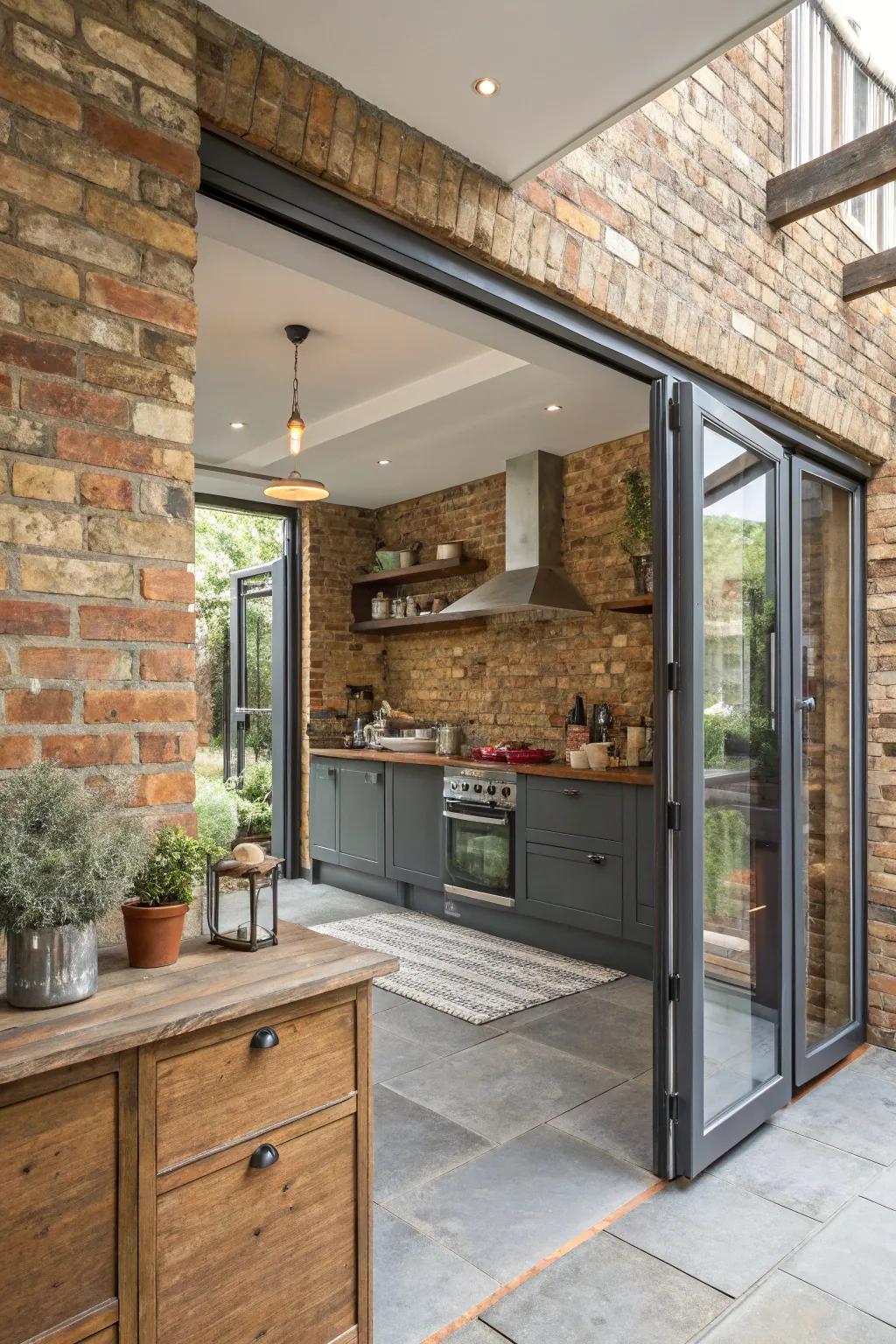 Unite rustic stone with modern folding doors for a distinctive style.