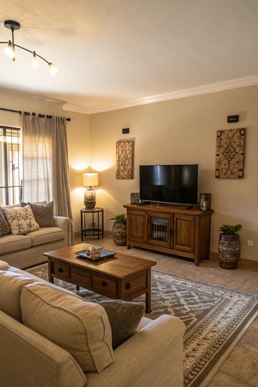 Neutral tones provide a calming foundation for any living room.