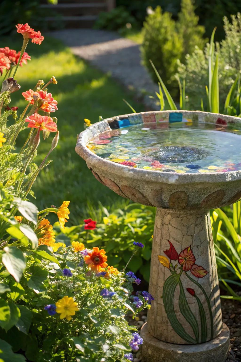 Reclaimed glass bird baths bring color and sustainability to your yard.