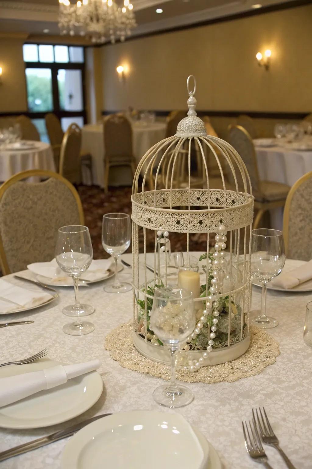 A sophisticated arrangement featuring a bird cage centerpiece.