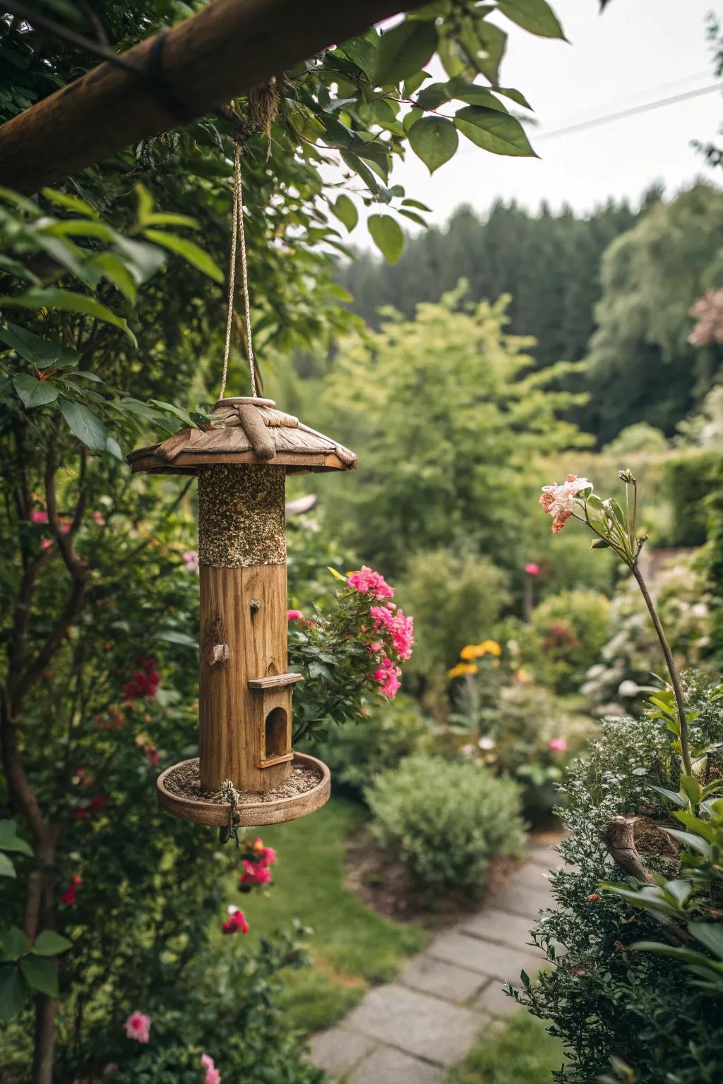 An eco-friendly bamboo feeder blending seamlessly into nature.