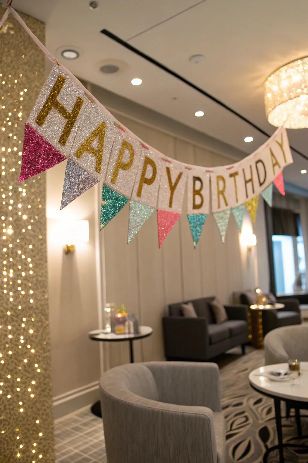 A personalized, sparkling birthday banner showcased in an elegant room.