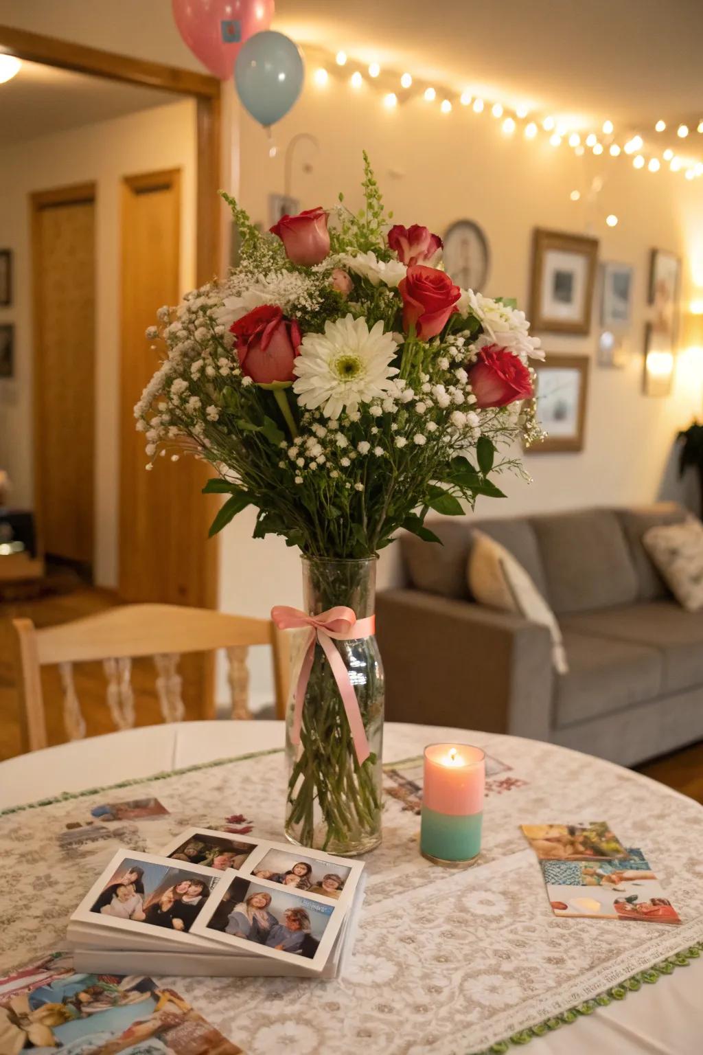 A custom photo display adds a sentimental element to the party.