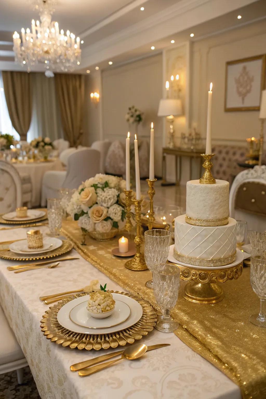 Gleaming gold accents elevate the birthday table with a touch of luxury.