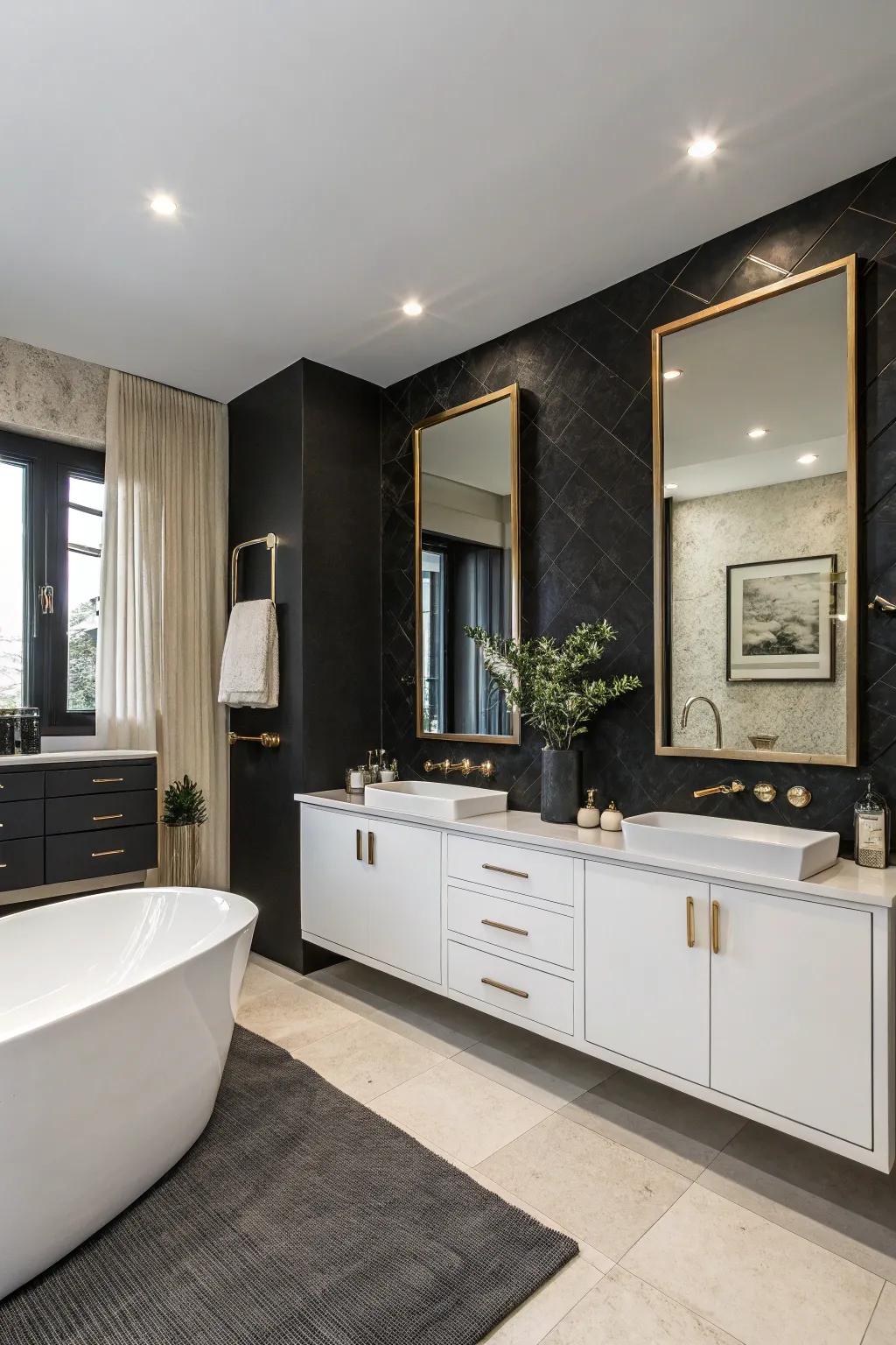 A chic washroom featuring a black statement wall that enhances minimalist décor and large mirrors.