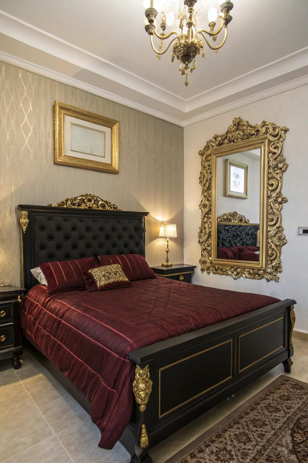 Metallic highlights bring a charming flair to your black and burgundy bedroom.
