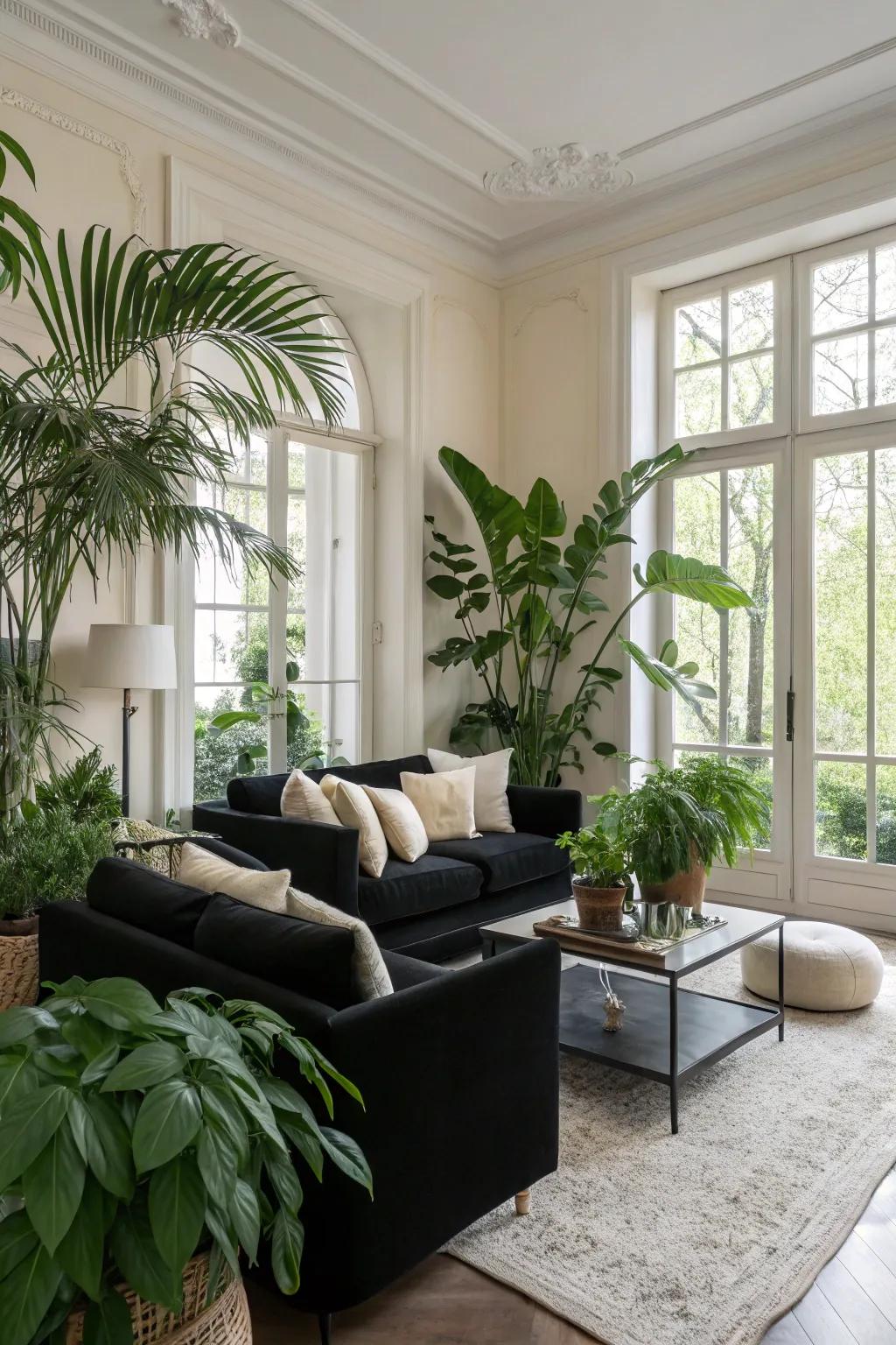 Green plants add a refreshing contrast to the sophisticated ebony and ivory decor.