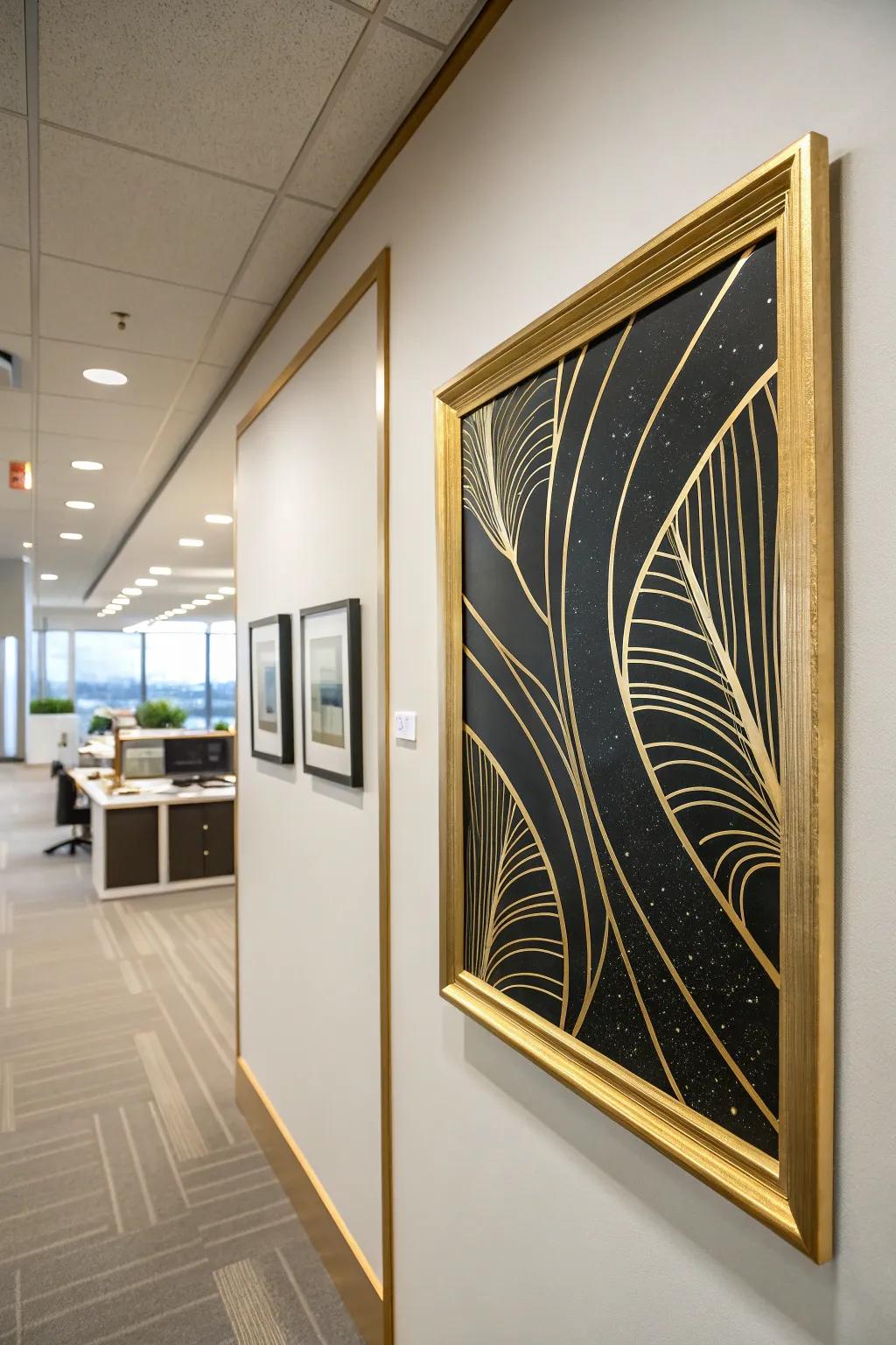Artwork with gilded frames introduces a sophisticated charm to your office decor.