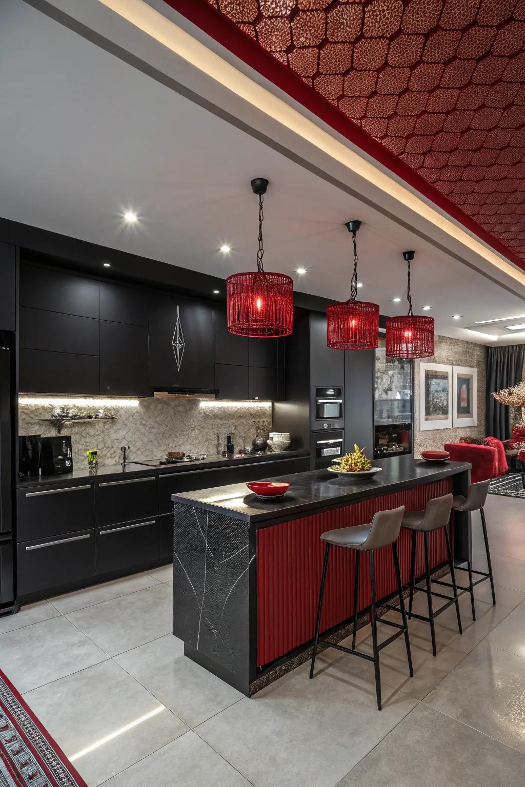 Contemporary pendant illumination accentuates the ebony and scarlet culinary space motif.
