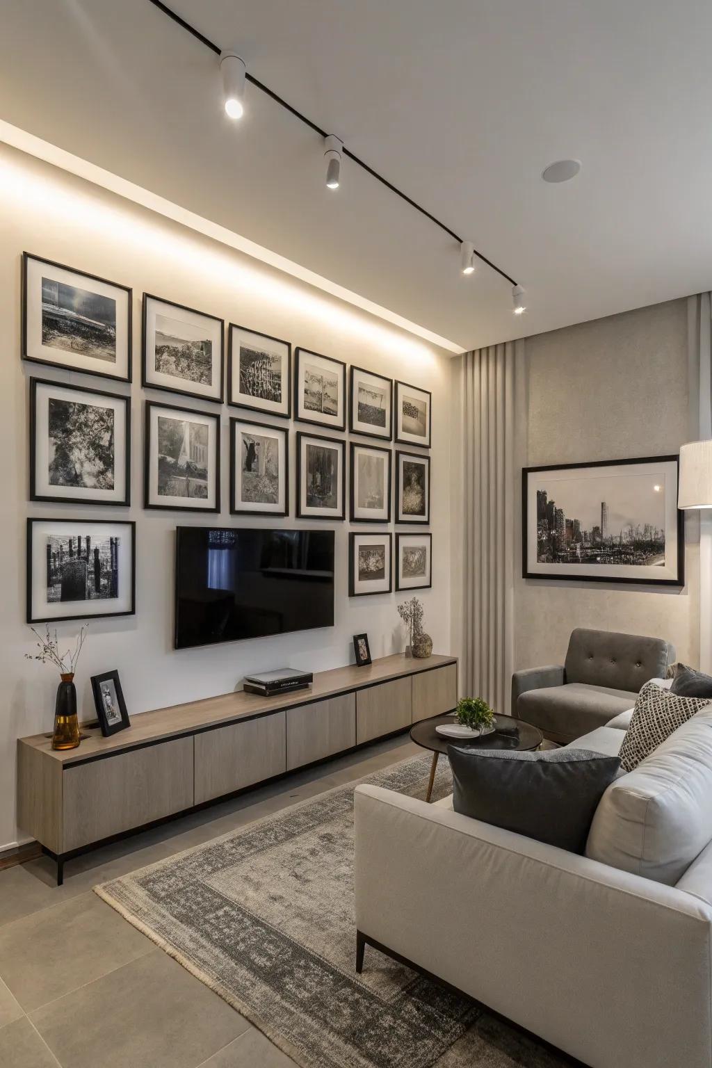 A gallery wall featuring dark and pale pictures that add a personal element to the design.