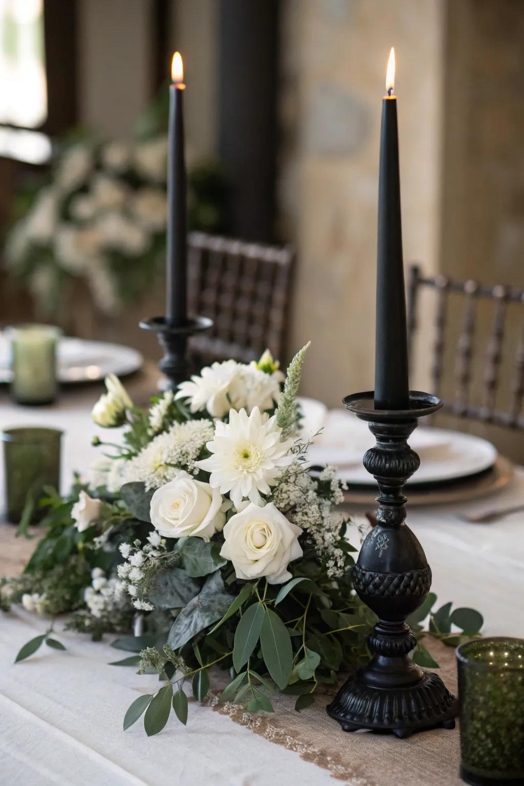 Sophisticated charcoal and white table centerpiece.
