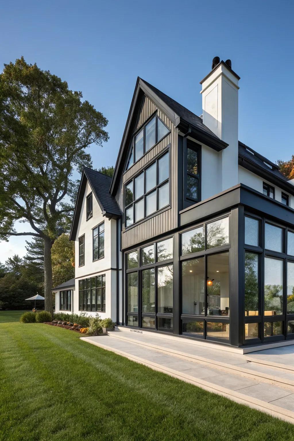 A contemporary home featuring expansive windows and eye-catching dark trim.