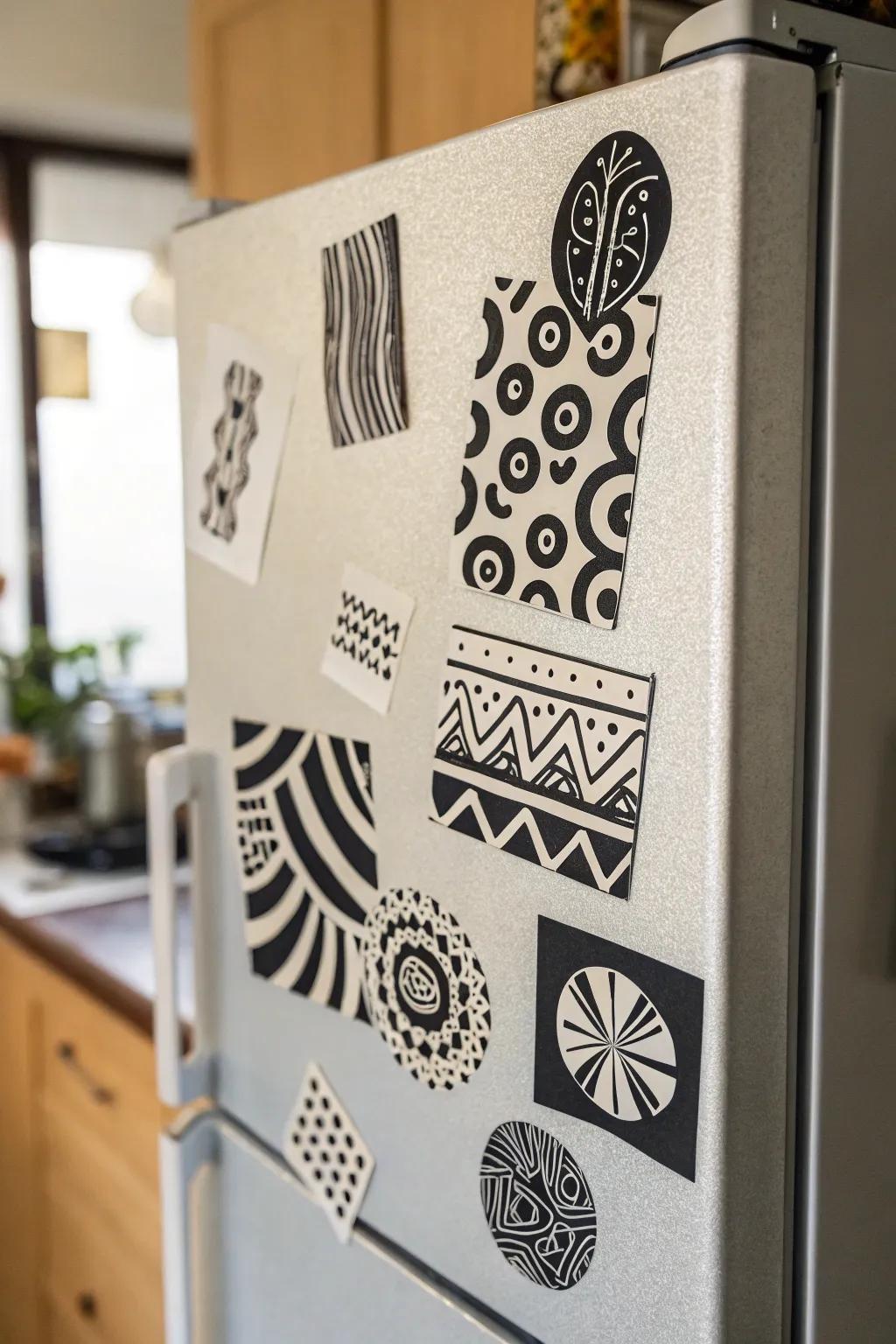 Abstract art decals adding flair to a kitchen appliance.