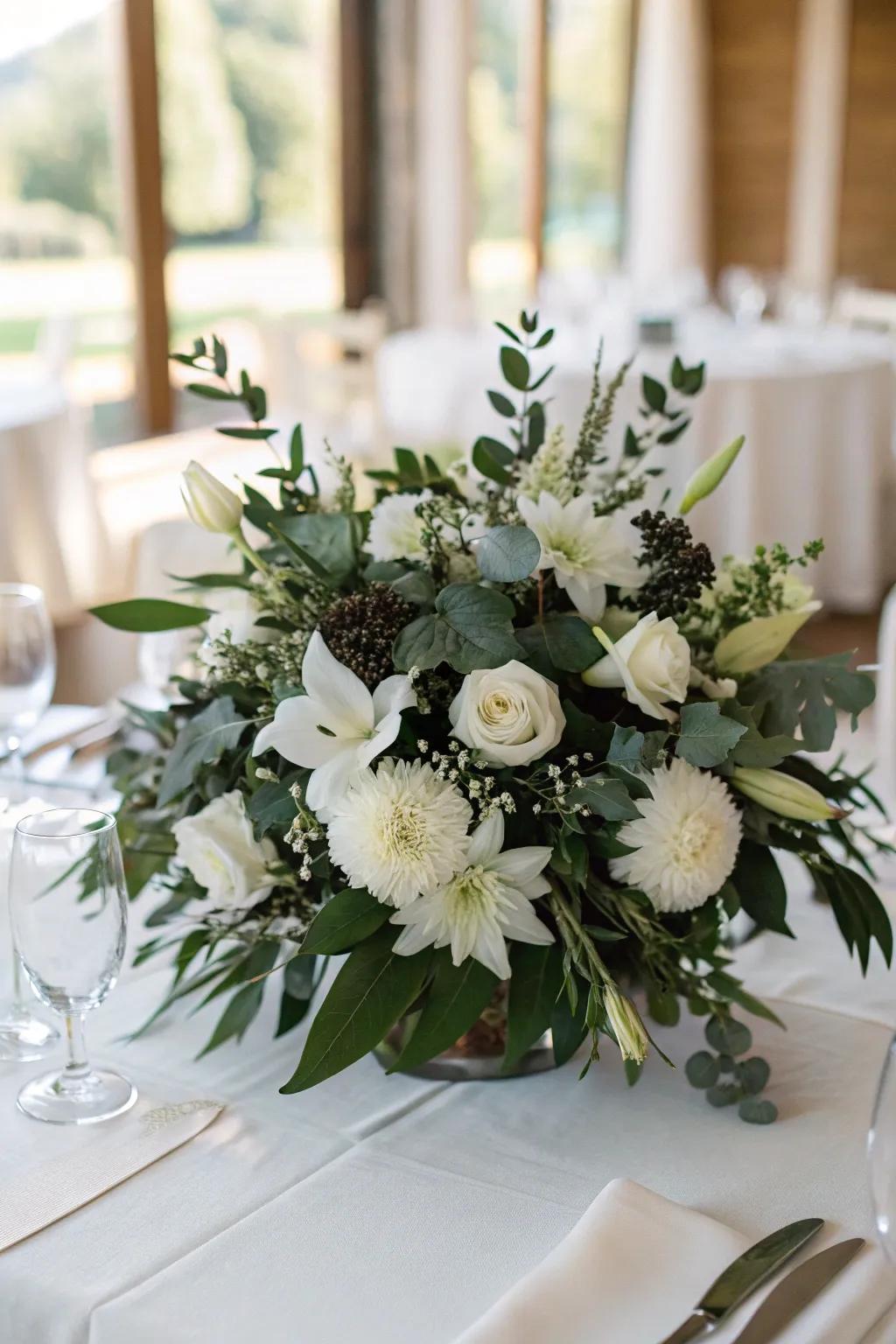 Monochrome floral arrangements featuring bright flowers and deep-toned greenery present a lush, elegant detail.