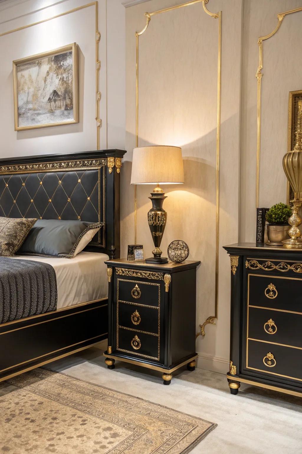 Glamorous golden details complement the dark furniture in this elegant bedroom.