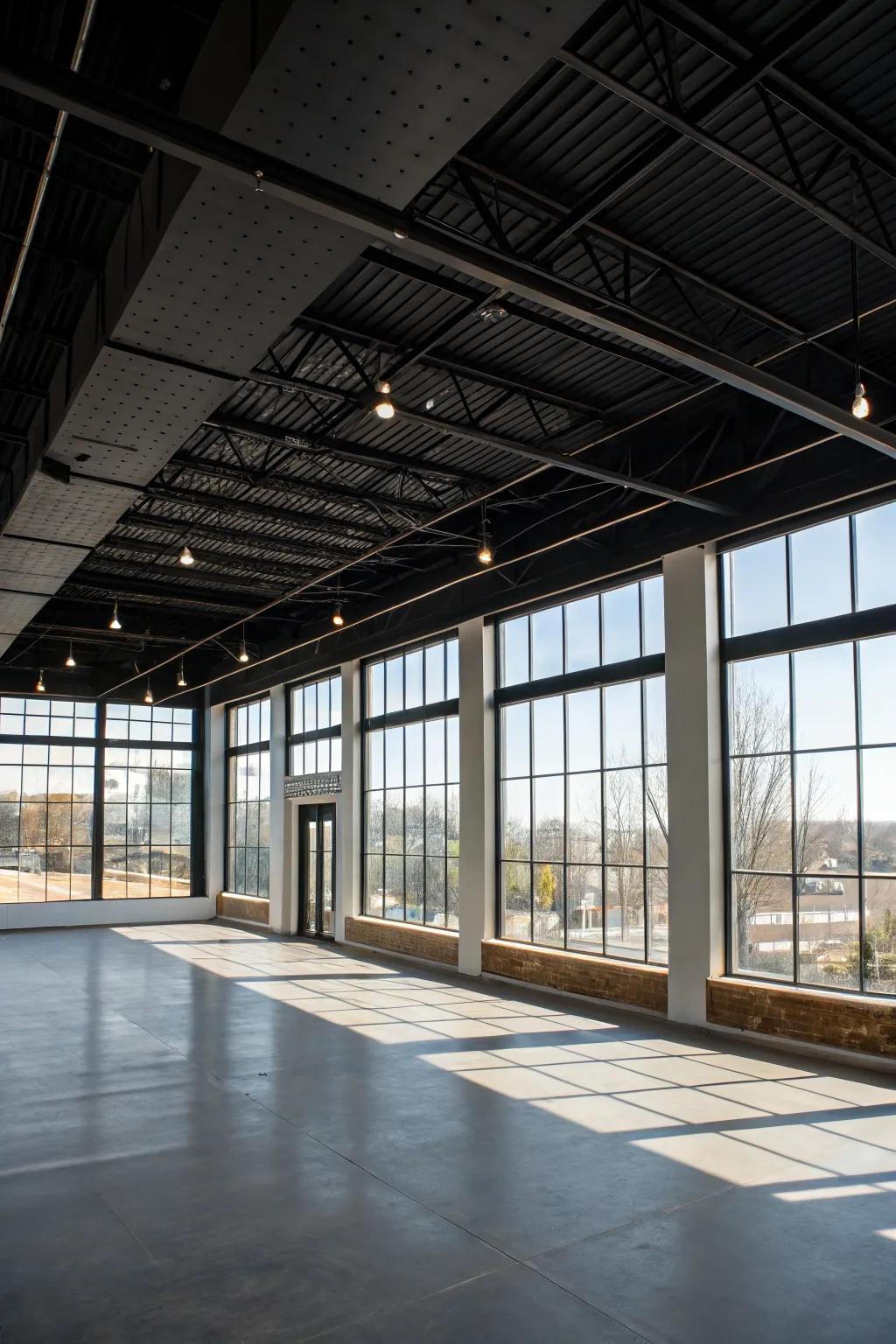 An open-plan space where the black ceiling achieves balance and drama.