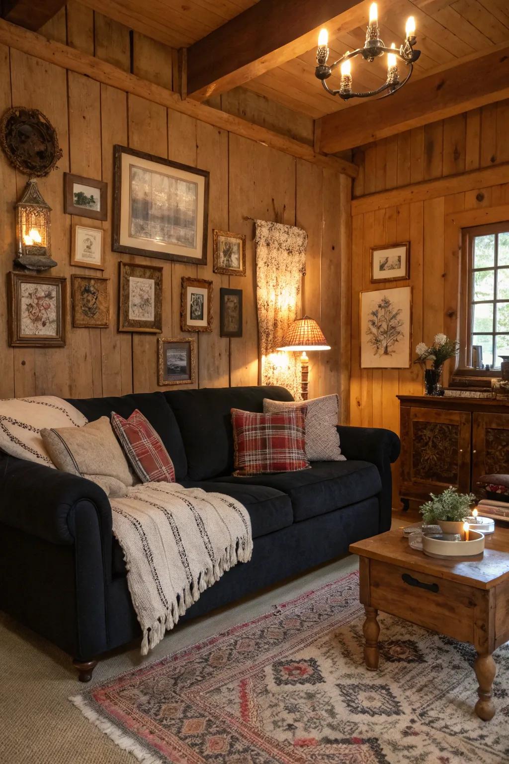 A modern black sofa in a rustic setting.