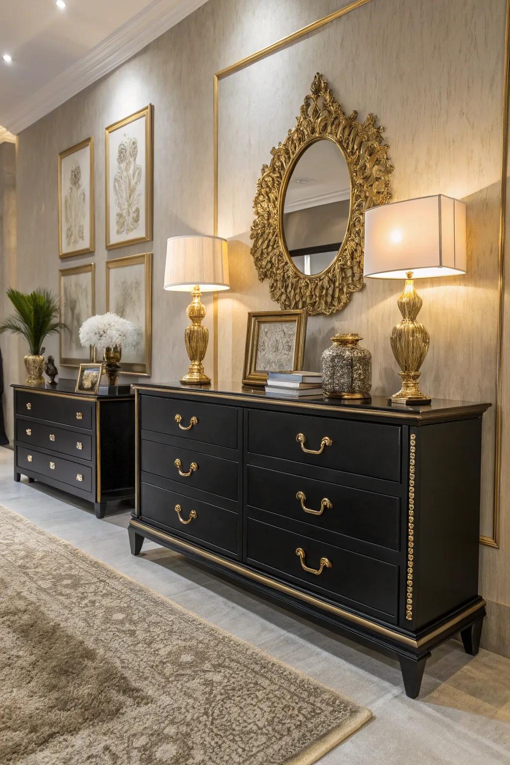 A glamorous dark stained dresser arrangement with gold details.