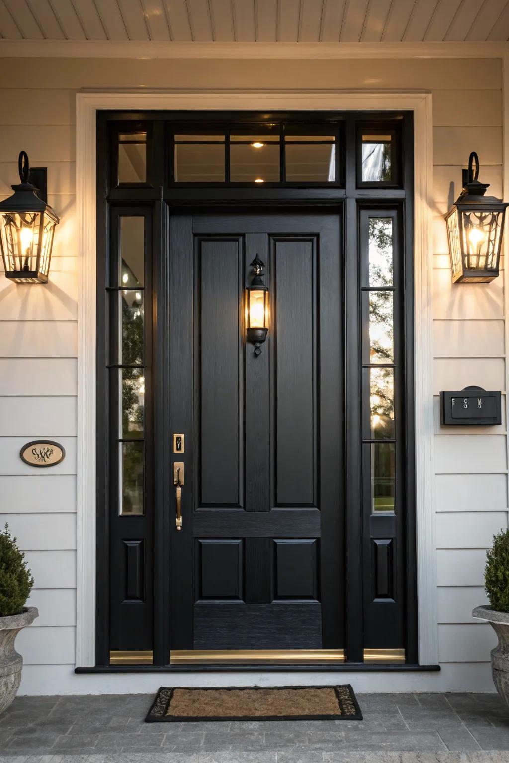 A dark-toned entrance impressively lit by stylish lighting fixtures.