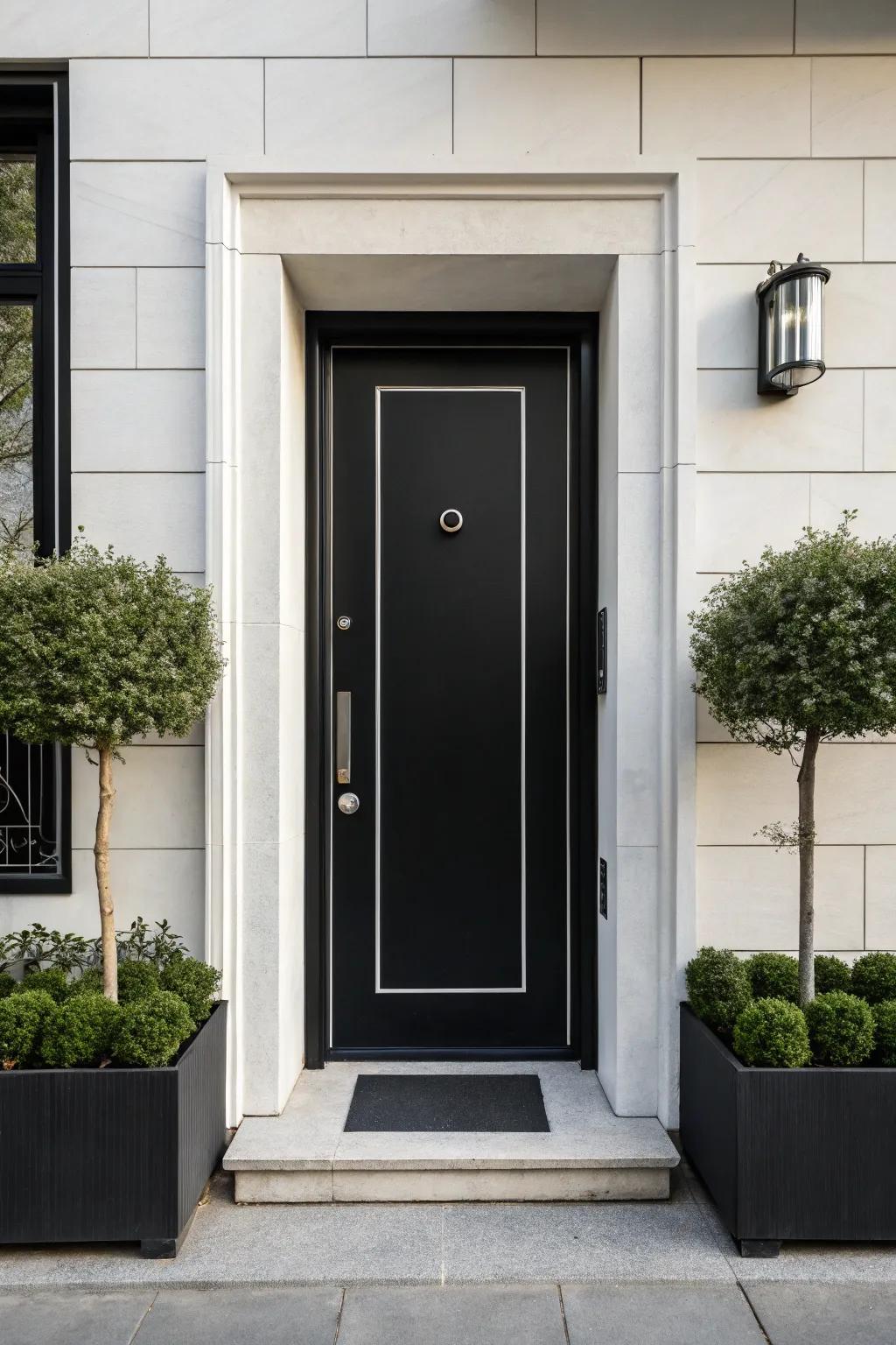A contemporary black door with minimalist white trim enhances modern architecture.