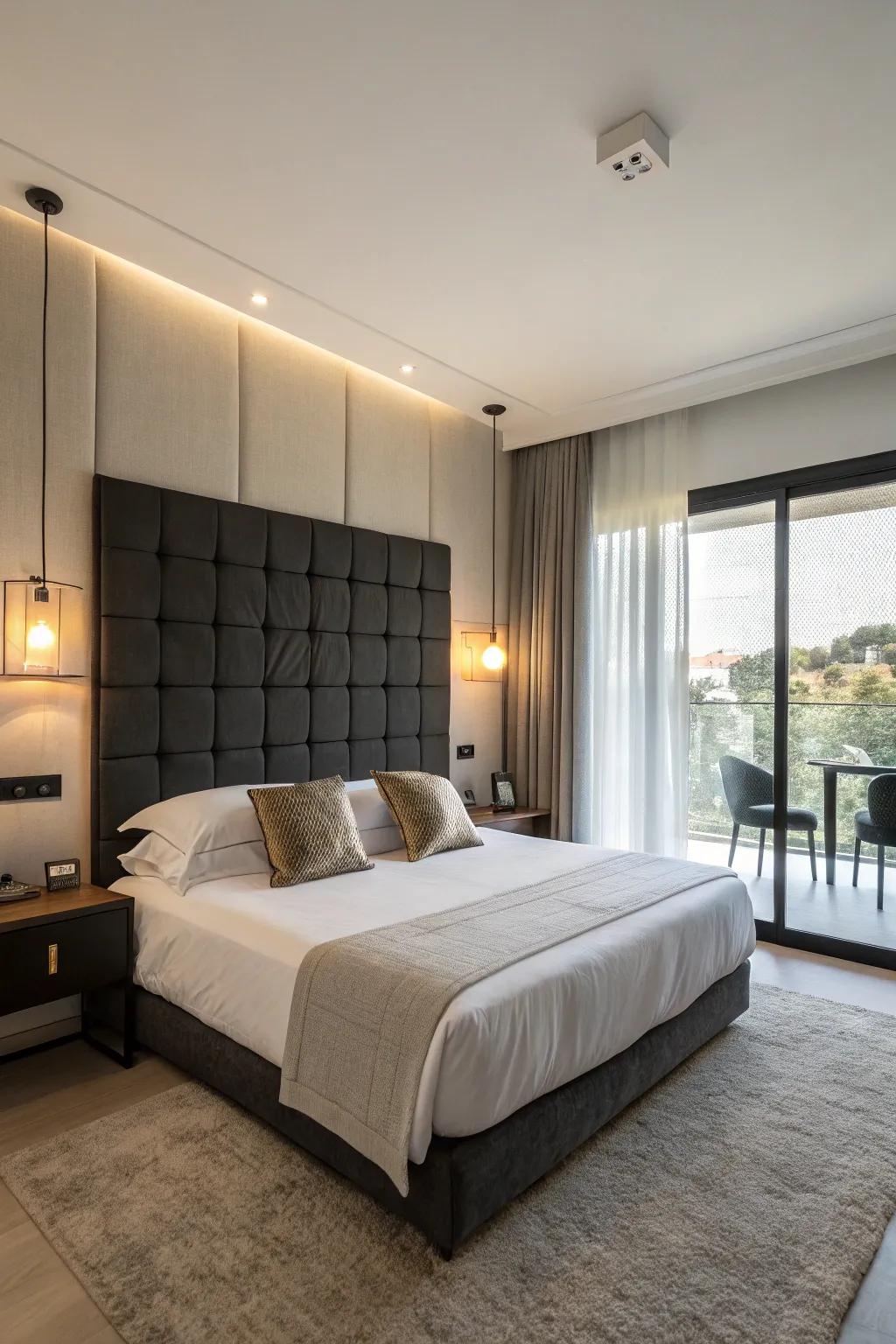 Stylish bedroom featuring a contemporary dark panel headboard