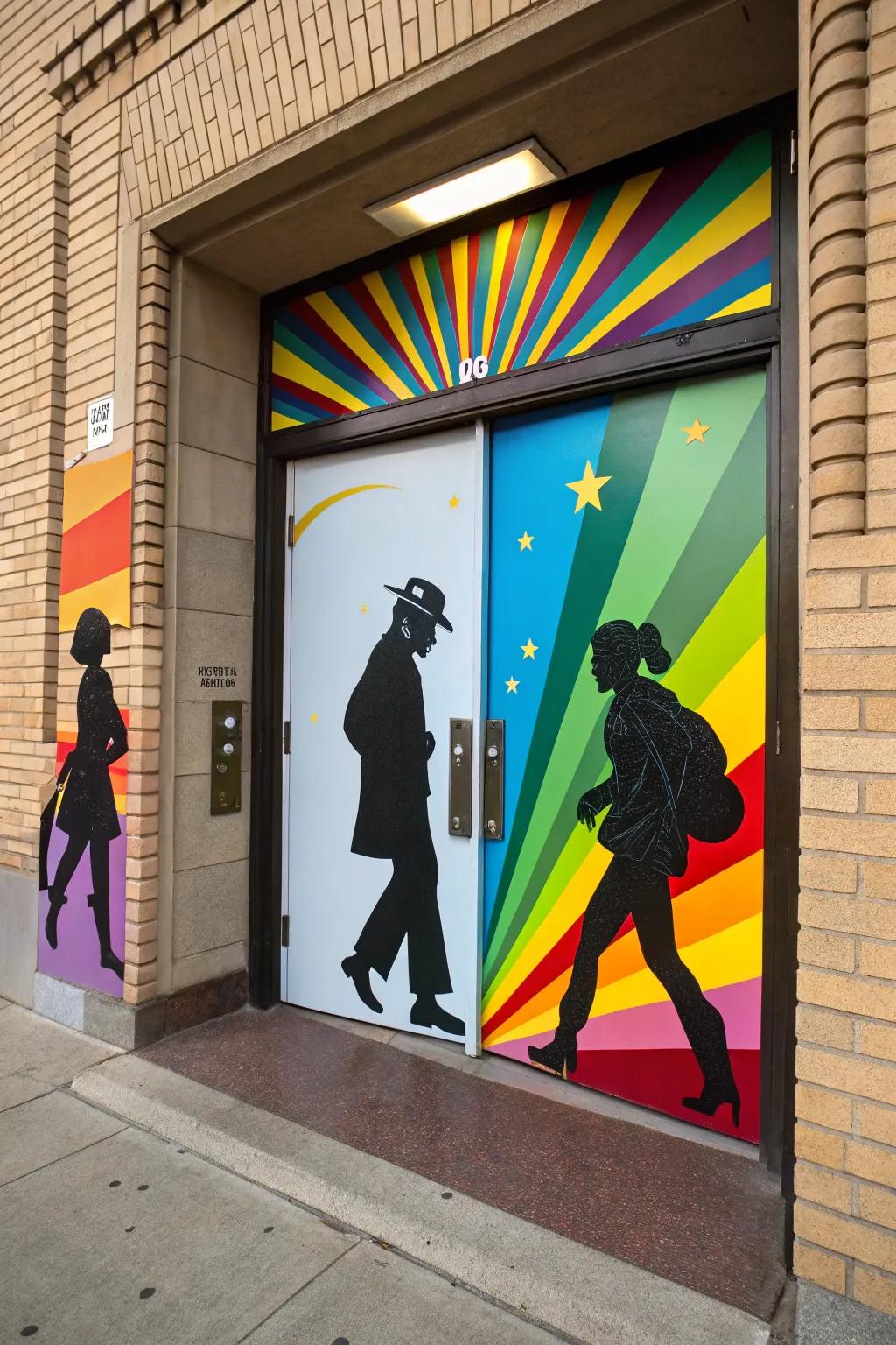 A door featuring silhouette art of iconic Black figures.