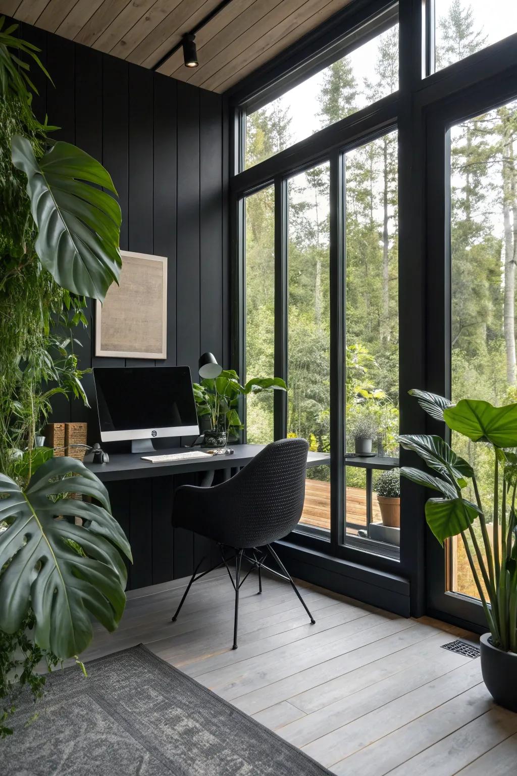 Natural light and plants add a lively feel to a dark office.
