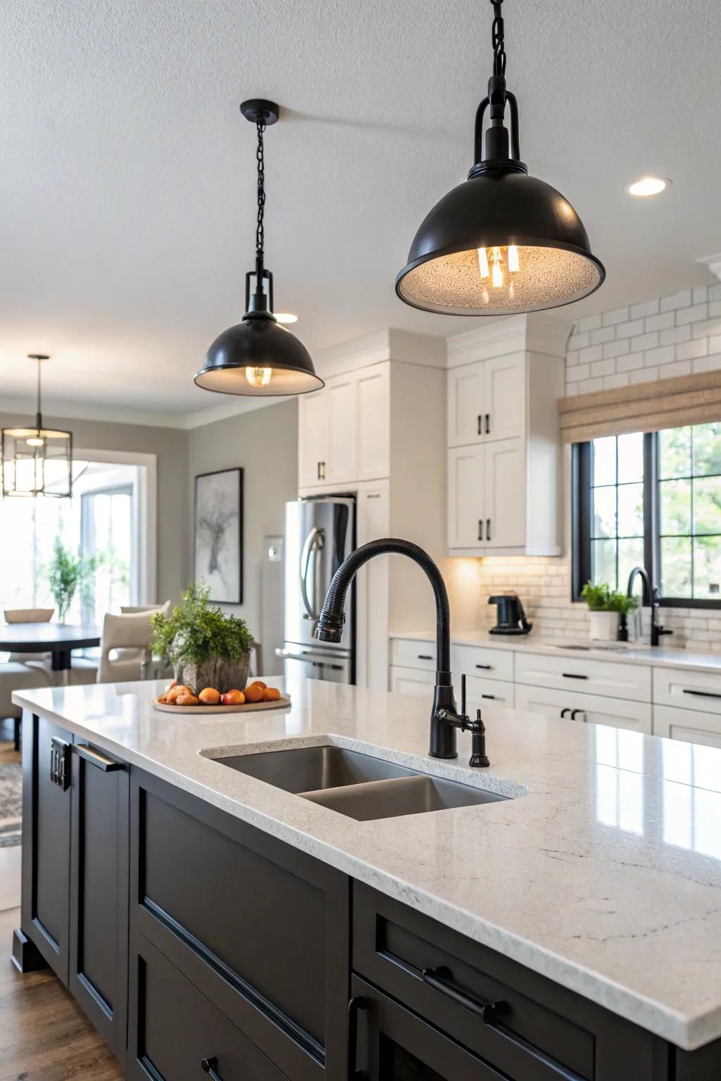Striking pendant lights work in harmony with a sleek dark toned faucet in this kitchen.