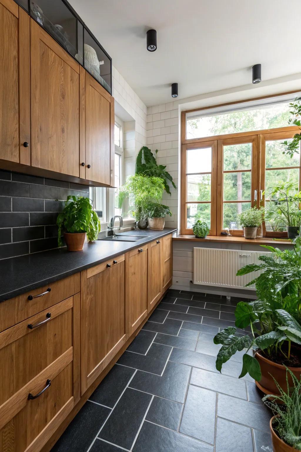 A kitchen that balances black floors perfectly with warm wooden details.