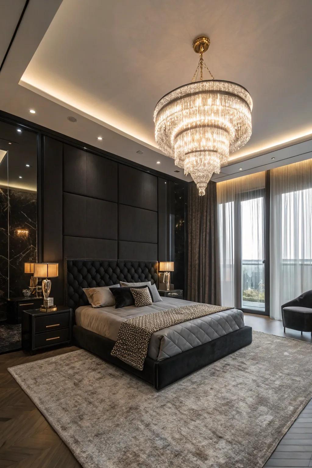 A statement chandelier can elevate your bedroom's aesthetic.