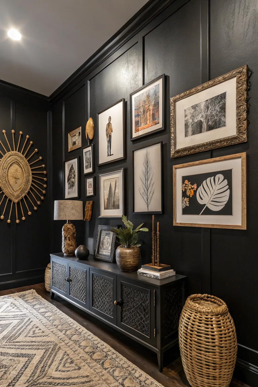 Carefully selected wall art adding personality to a dark room.