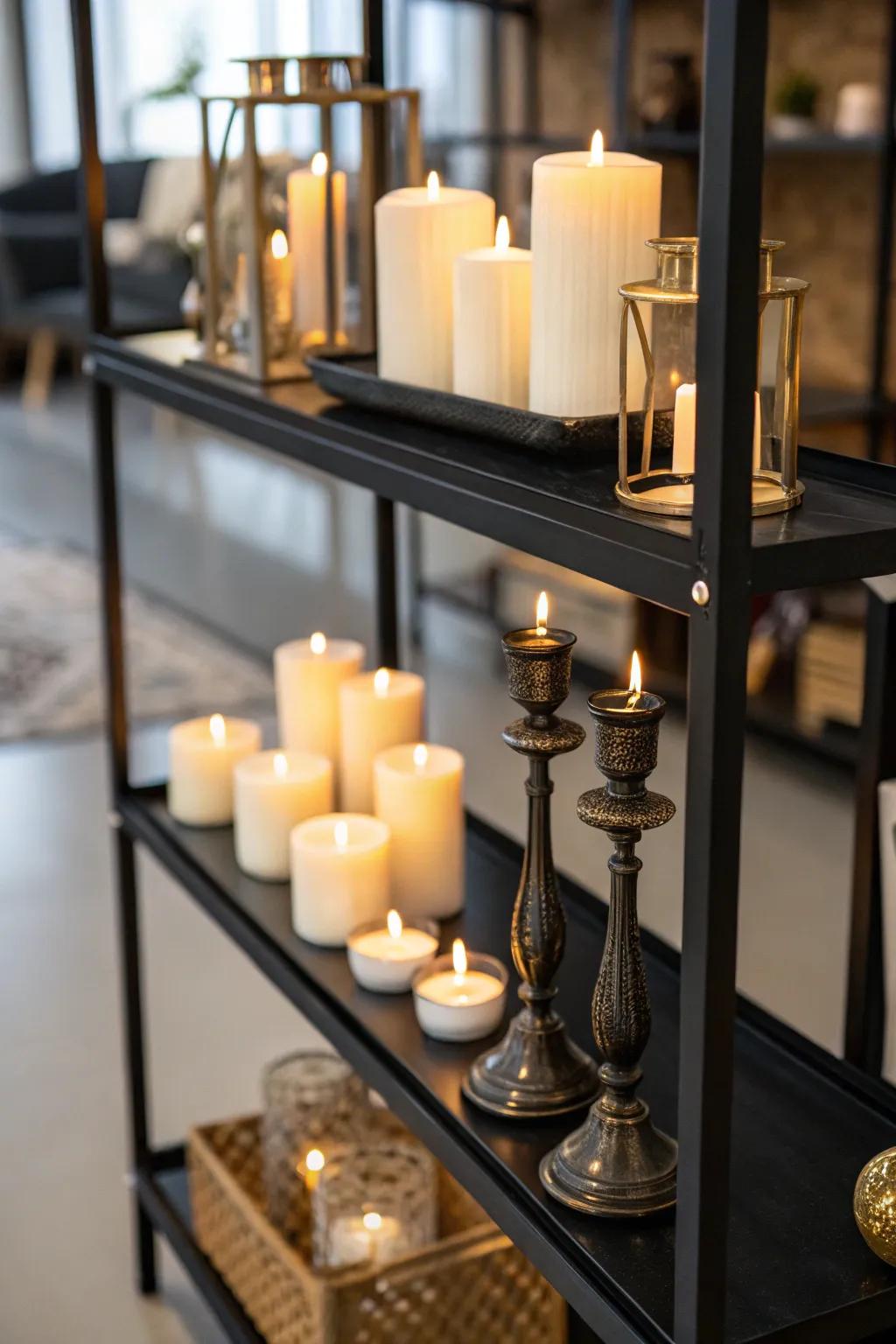 Candles at varying heights creating a warm glow on a black shelf.