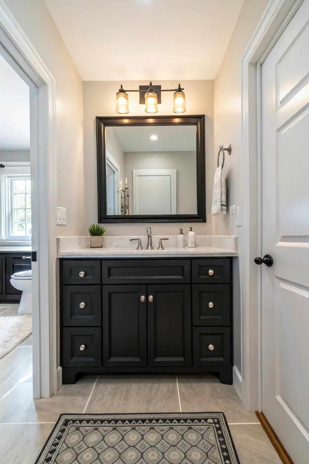Light floors provide a perfect counterbalance to the boldness of a dark vanity.