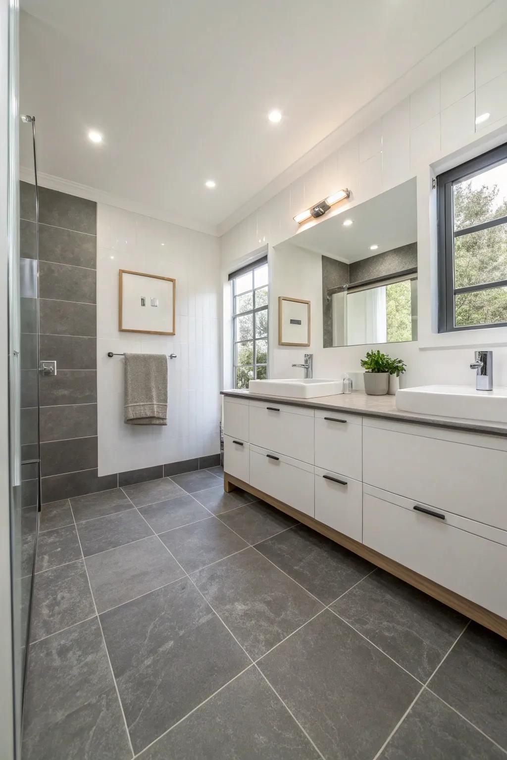 Dust floor covering provides a sleek foundation for this modern bathroom.