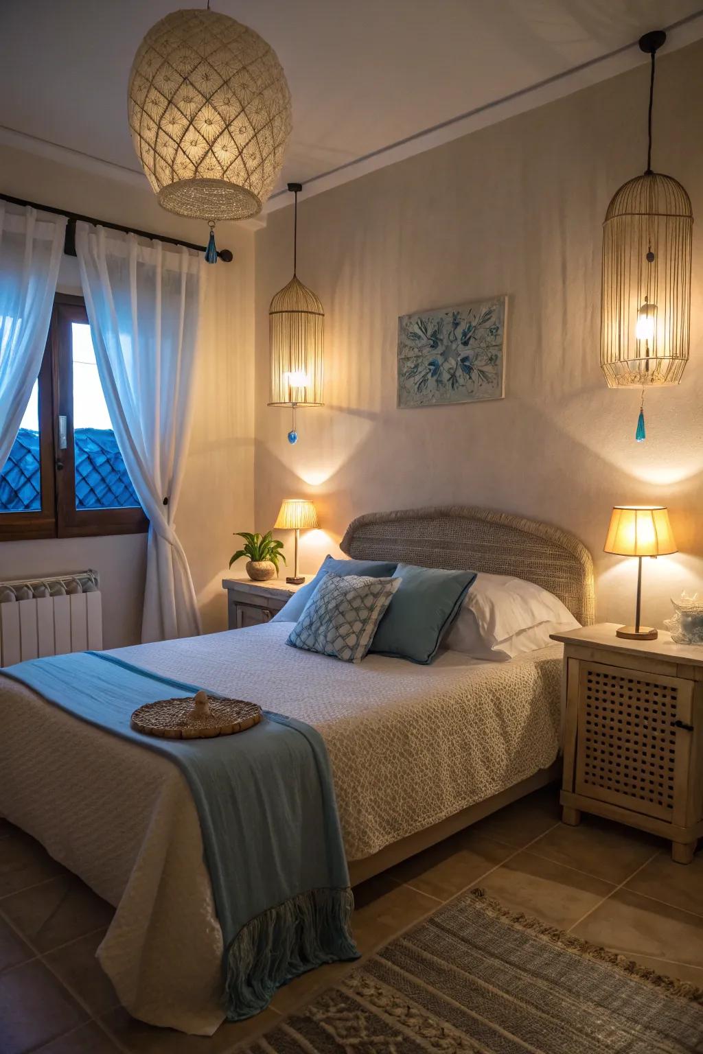 The room has an inviting feel with dimmed blue and beige lights.