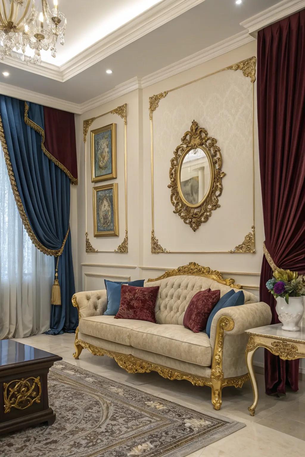 Gilded touches add a luxurious feel to the sapphire and wine theme.
