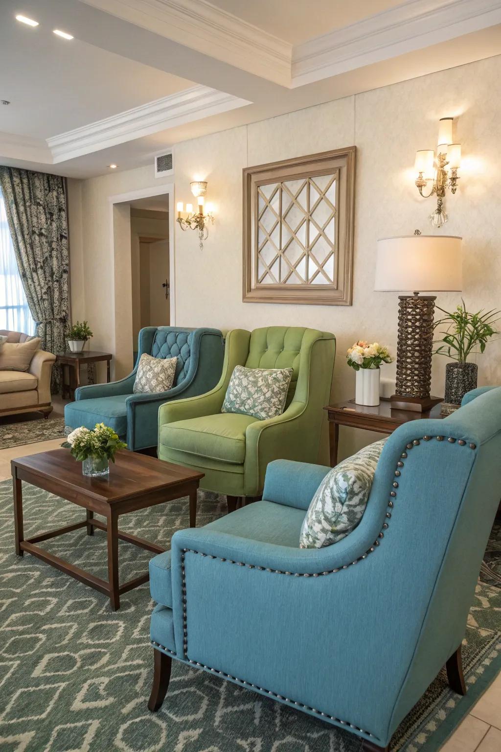 Emphasized seating offers extra seating and a pop of color.