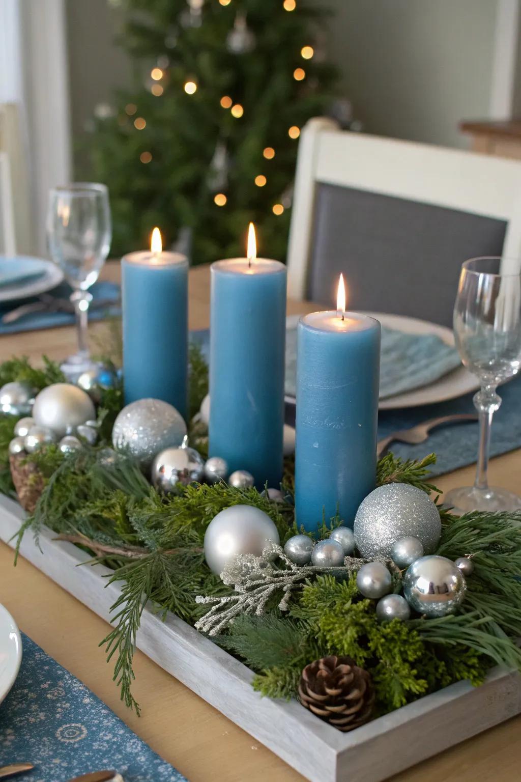 A stunning silver and blue Christmas centerpiece