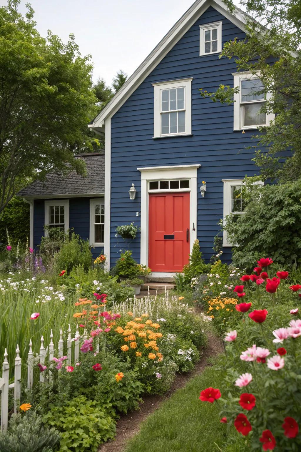 A bright front door color really stands out against blue walls.