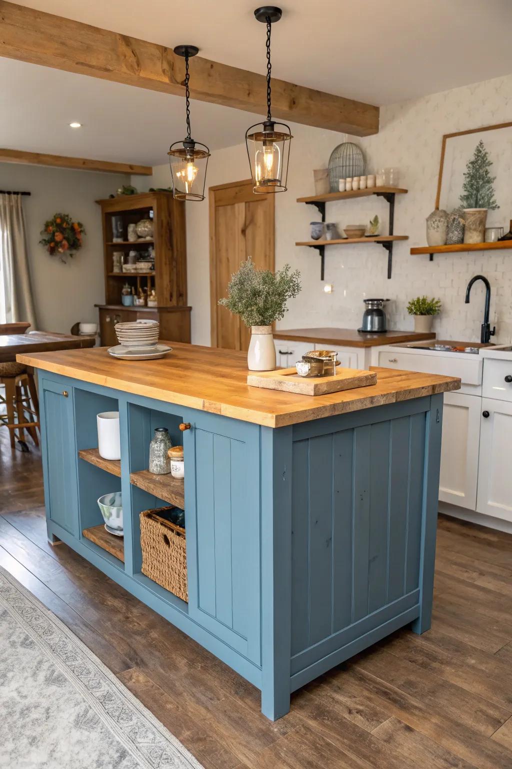 Wooden countertops infuse warmth into the blue island's welcoming layout.