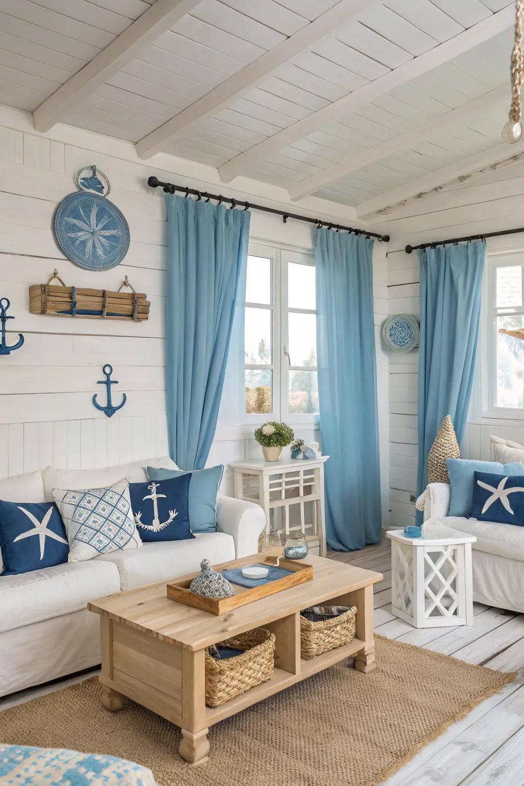 Blue and white combine to form a refreshing coastal vibe in this welcoming living room.