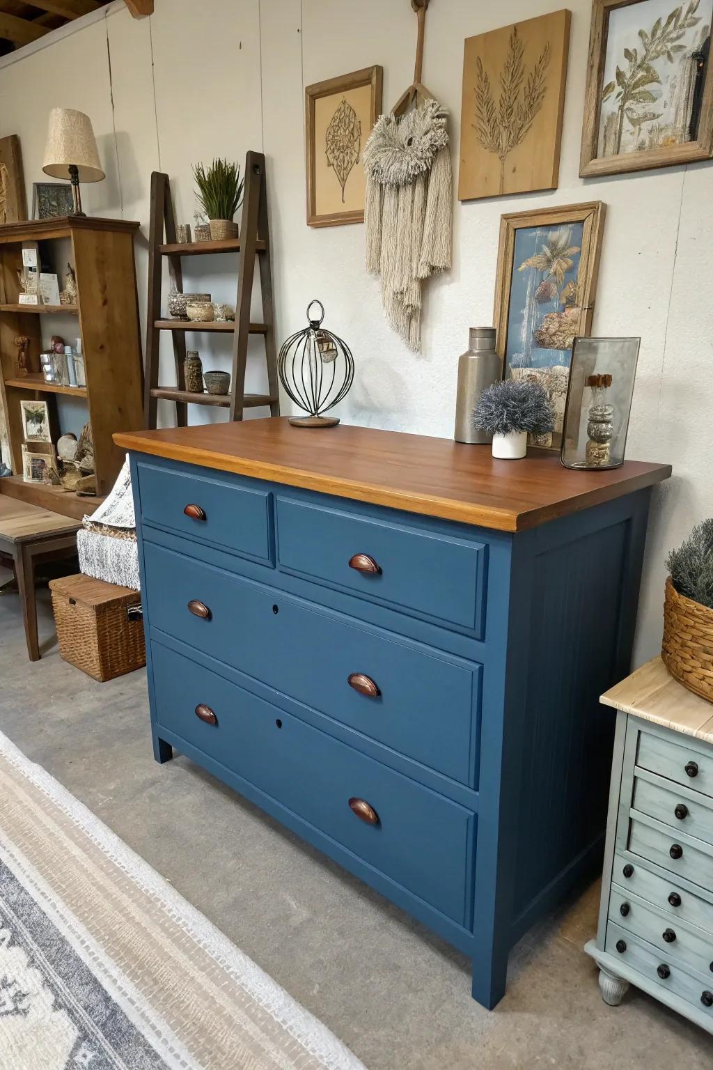 A two-tone blue and wood dresser providing a unique design statement.