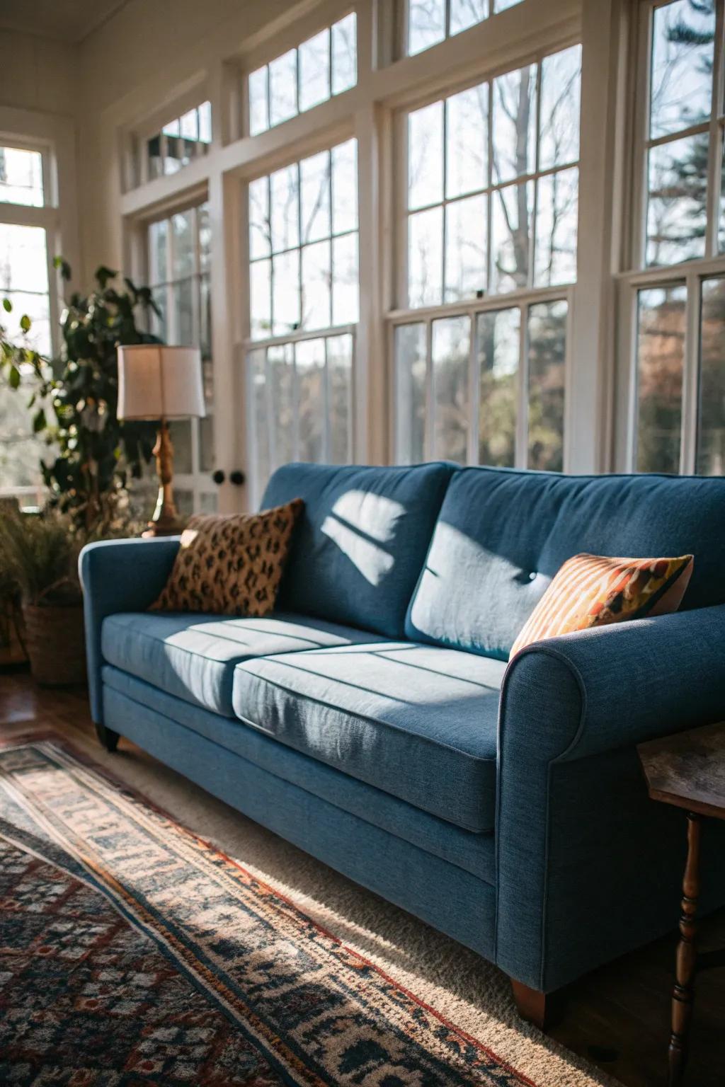 Sunlight enlivens the vibrancy of a blue sofa.