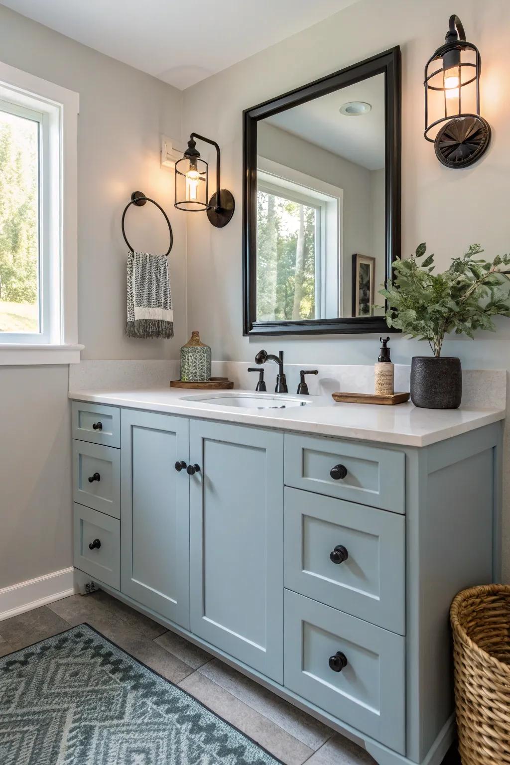 A do-it-yourself pastel sky blue sink unit revitalizes any bathroom.