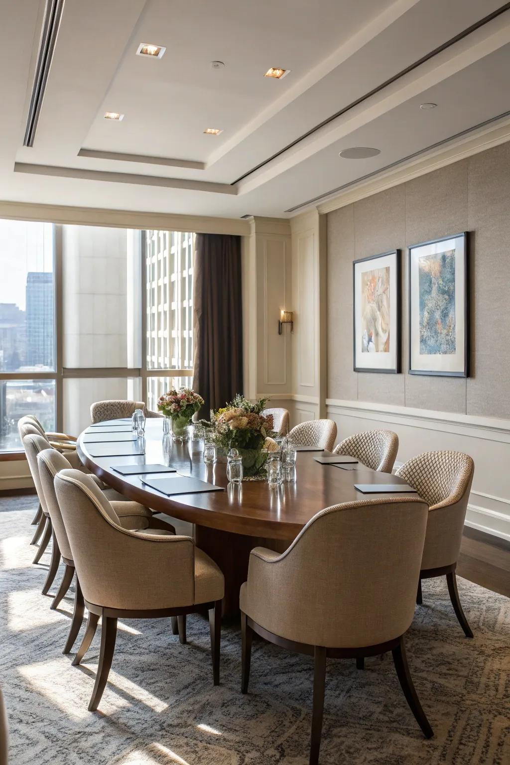 Rounded tables foster an inviting and inclusive atmosphere.