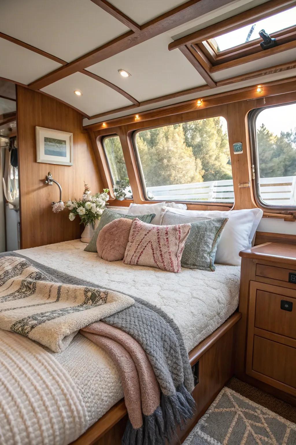 Layered textures enhance warmth and comfort within your cabin.