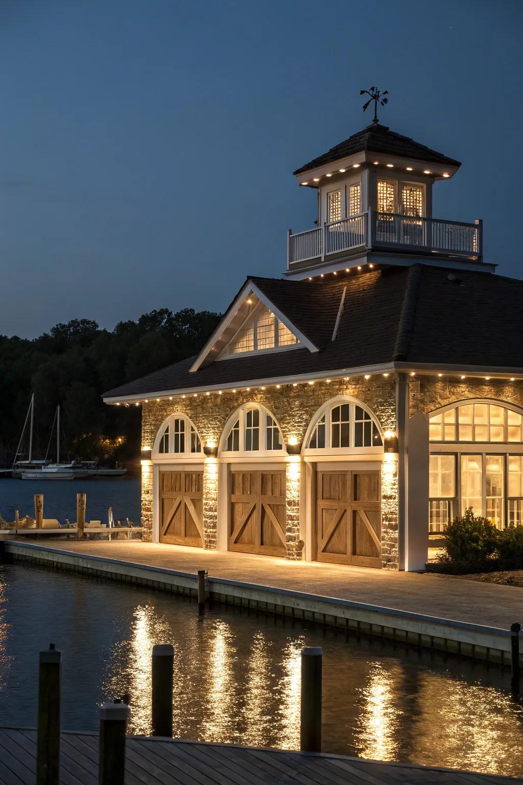 Structural illumination highlights the distinctive elements of the boat house.